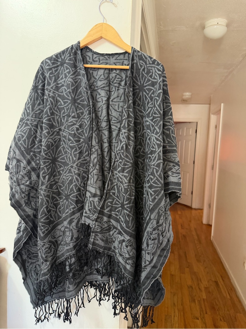 Gray Patterned Open-Front Fringe Poncho Sweater